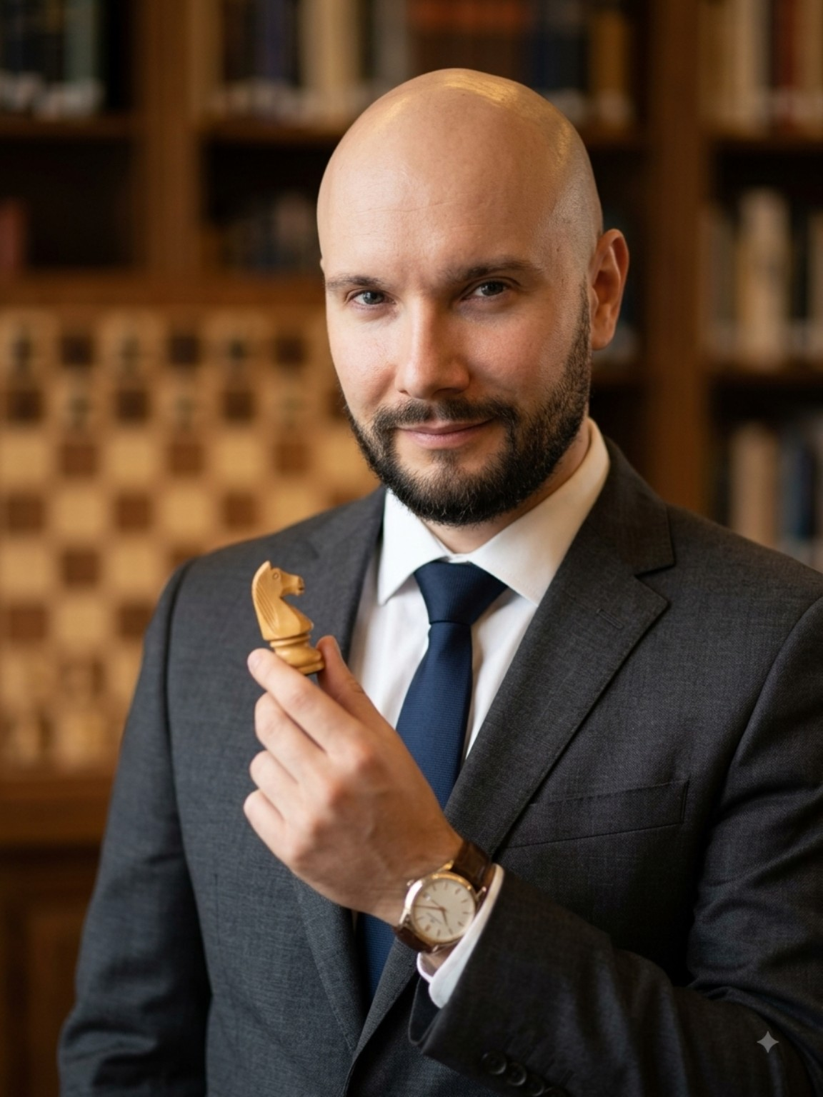 Trener szachowy Marcel Kanarek trzymający figurę skoczka